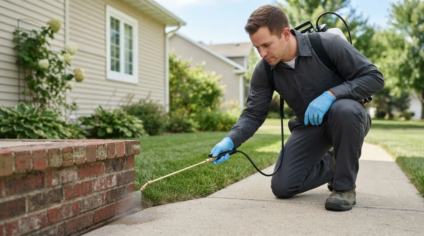 Pest control technician treating a home near Bloomington, NE