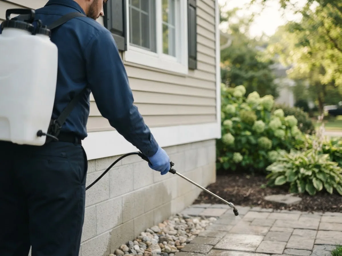 Pest control technician inspecting a home in Bloomington, NE